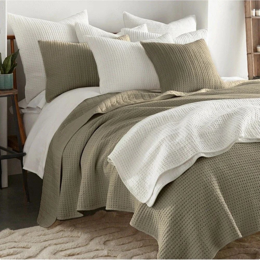 Levtex Home Mills Waffle Quilt Set King Cal King Wheat Cotton Textured $180 MSRP